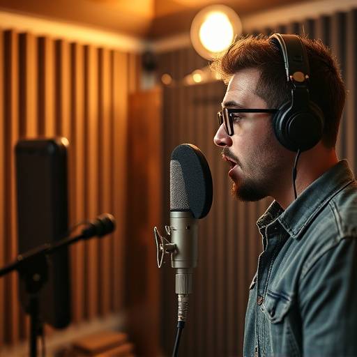 A voiceover artist speaking into a microphone in a professional recording booth.