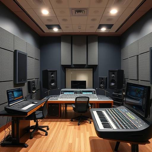 Acoustic Canvas Studio B: A modern production suite with a digital audio workstation and mixing environment.