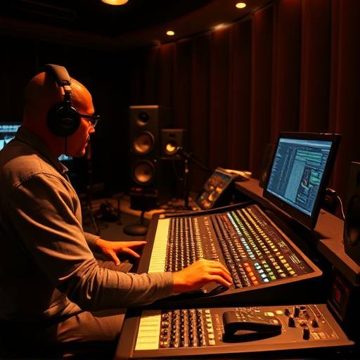 An audio engineer working at a mixing console in a recording studio.