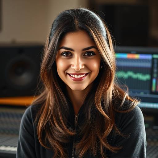 Portrait of Elena Ramirez, a mixing and mastering engineer with Acoustic Canvas Studios, a woman with a warm and professional demeanor.