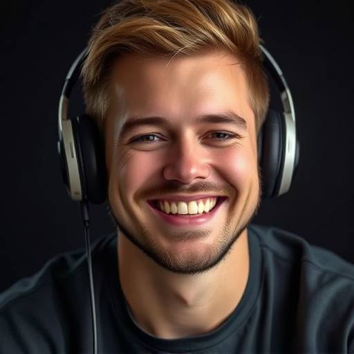 Portrait of Julian Vance, the founder of Acoustic Canvas Studios, a man with a friendly smile and wearing headphones.